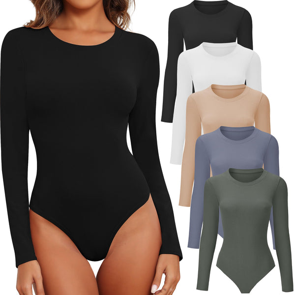 Hlanvr Womens Long Sleeve Bodysuit Round Neck Bodysuit Shirts for Women Crew Neck Body Suits Tops Fall Body Suit Pack