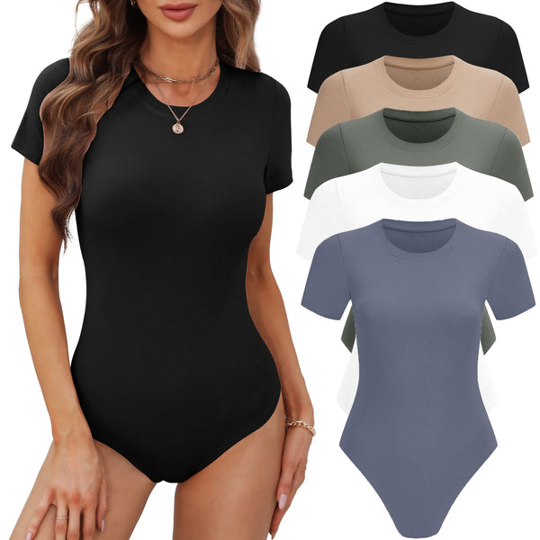 Hlanvr Women's 4/5 Pack Short Sleeve Round Neck Bodysuit Tops Crew Neck Basic Casual Tshirt Bodysuits